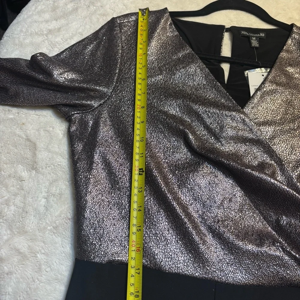 NWT Nina Leonard Jumpsuit Medium Metallic Silver Reptile Print Black Pants Flowy - Picture 11 of 15